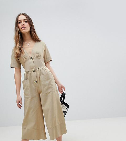 Asos Design Petite - Tuta Lunga Da Giorno In Cotone Con Bottoni In Corno - Marrone