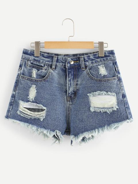 Shorts In Denim Strappati Orlo Grezzo