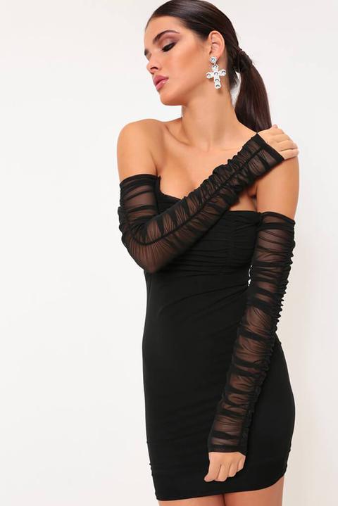 Black Mesh Sleeve Ruched Mini Dress