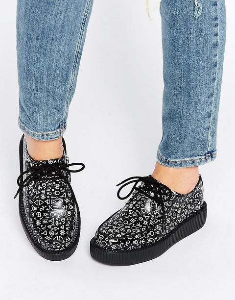 T.u.k. - Viva - Scarpe Piatte Creeper In Pelle Con Simboli Astrologici - Nero