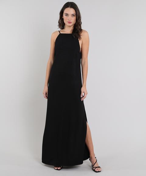 Vestido Feminino Mindset Longo Halter Neck Com Fenda Preto