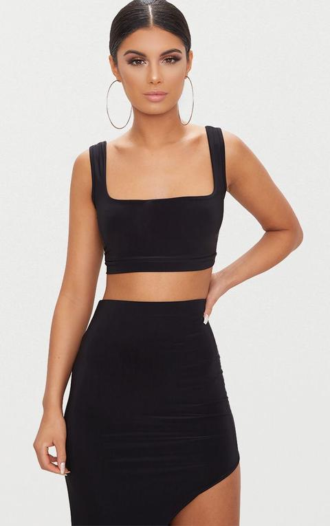 Black Second Skin Slinky Square Neck Crop Top