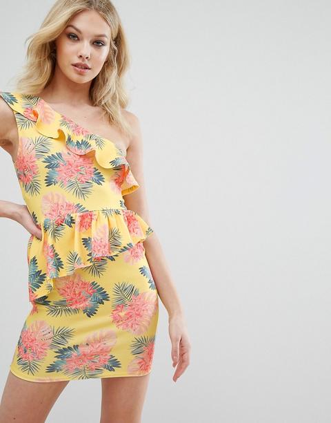 Missguided - Vestito Fasciante Monospalla Con Stampa Tropicale - Giallo