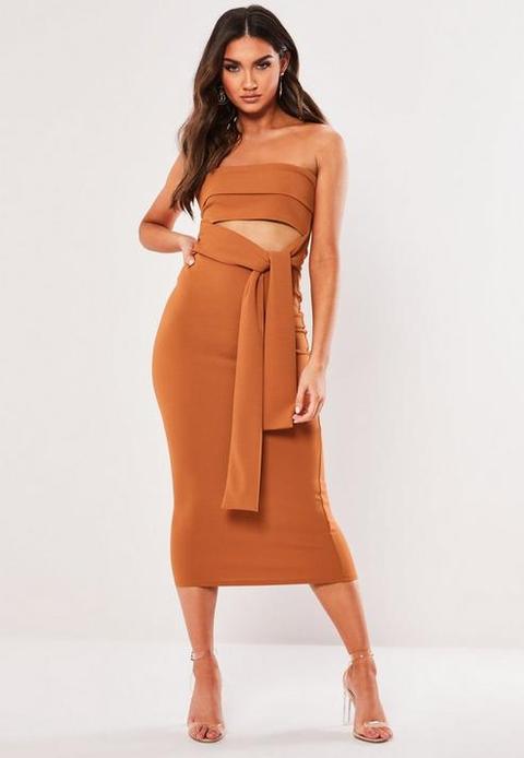 Brown Cut Out Bandeau Bodycon Midaxi Dress, Brown