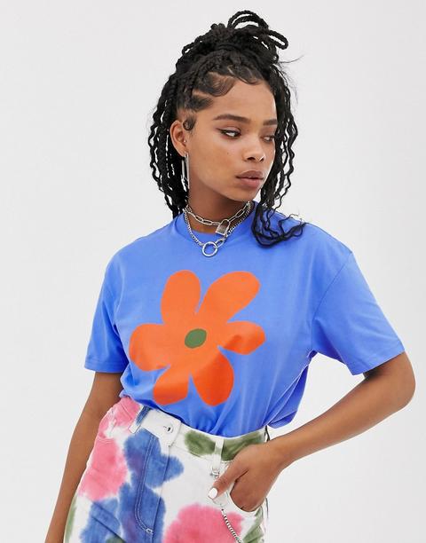 T-shirt Oversize À Fleurs - Bleu 