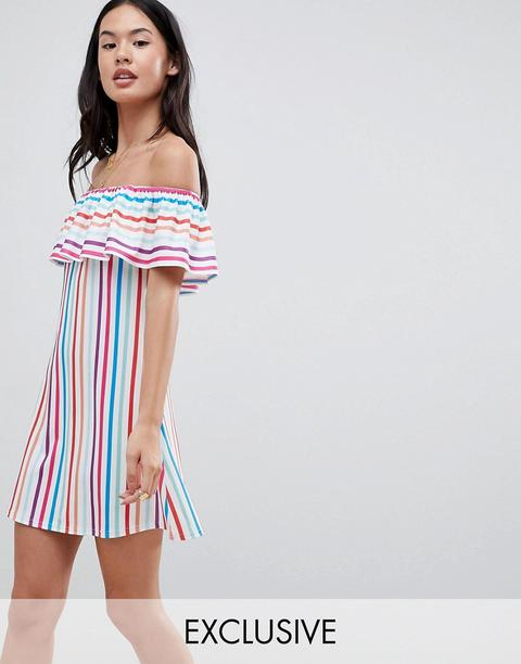 Esclusiva Boohoo - Vestito A Righe Arcobaleno Con Scollo Alla Bardot - Multicolore