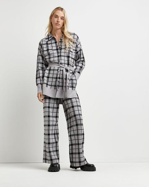 Grey Checked Wide Leg Trousers