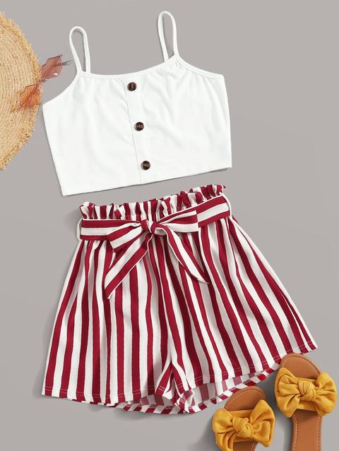 Shorts A Righe Con Cintura E Vita A Volant Sovrapposti E Top Con Bretelle Sottili E Bottone Frontale