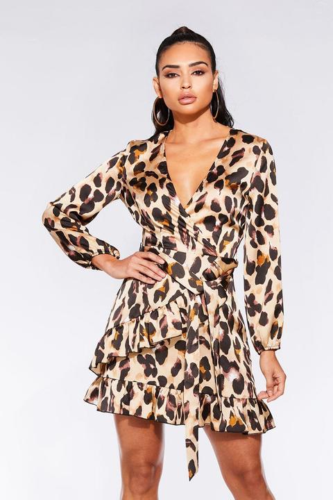 Stone And Black Satin Leopard Print Wrap Dress