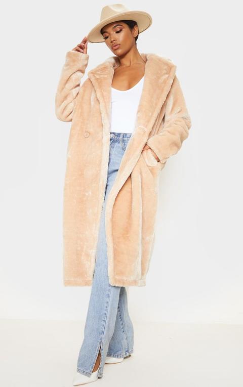 Stone Large Lapel Midaxi Faux Fur Coat