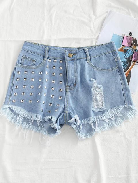 Pantaloncini Di Jeans Strappati Decorati Con Rivetti