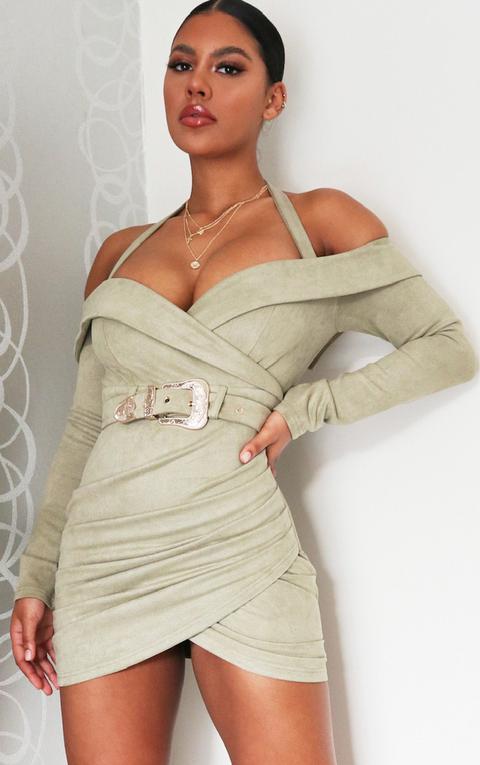 Khaki Faux Suede Bardot Dress