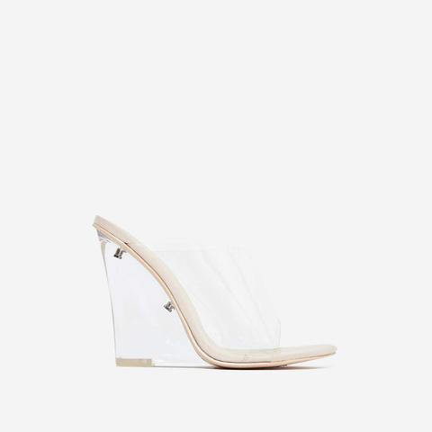 Lemonade Perspex Wedge Clear Heel Mule In Nude Faux Suede, Nude