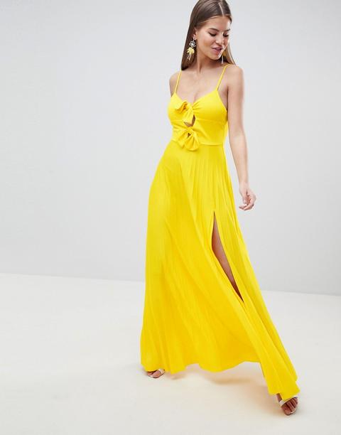 Asos Design - Vestito Lungo A Pieghe Annodato Sul Davanti - Giallo