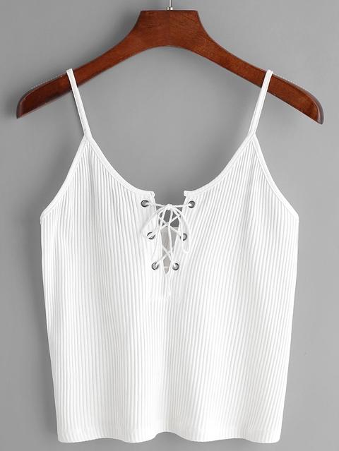 White Ribbed Lace Up Cami Top