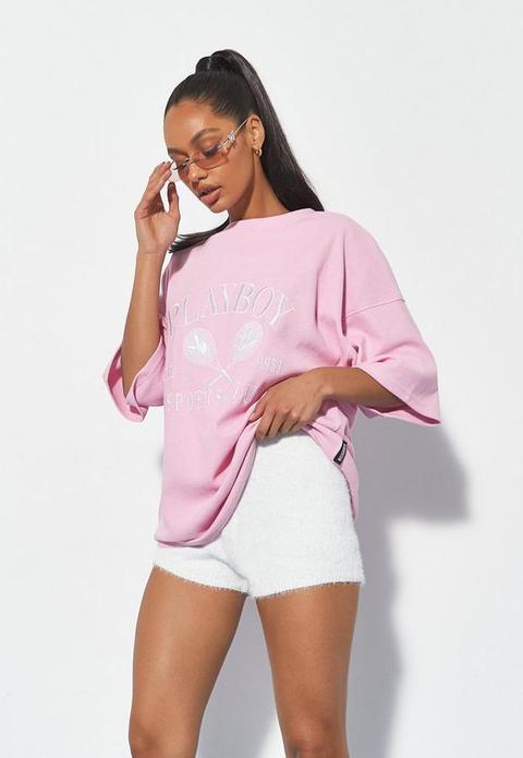 Playboy X Missguided Pink Waffle Sports Oversized T Shirt, Pink