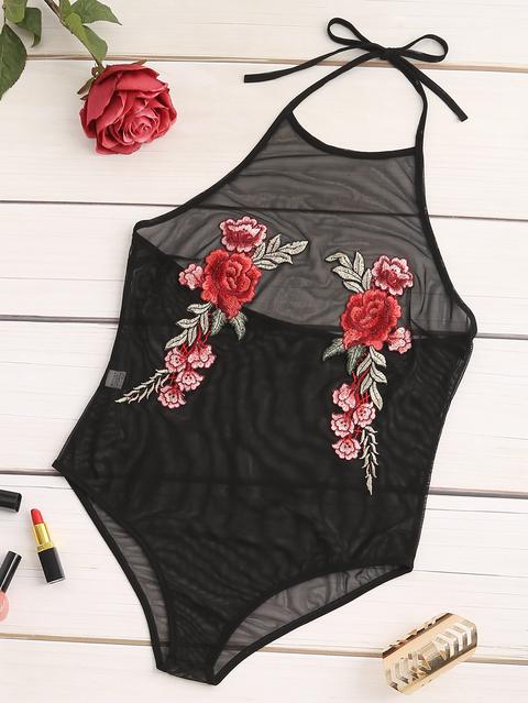 Halter Neck Flower Patches Sheer Mesh Bodysuit