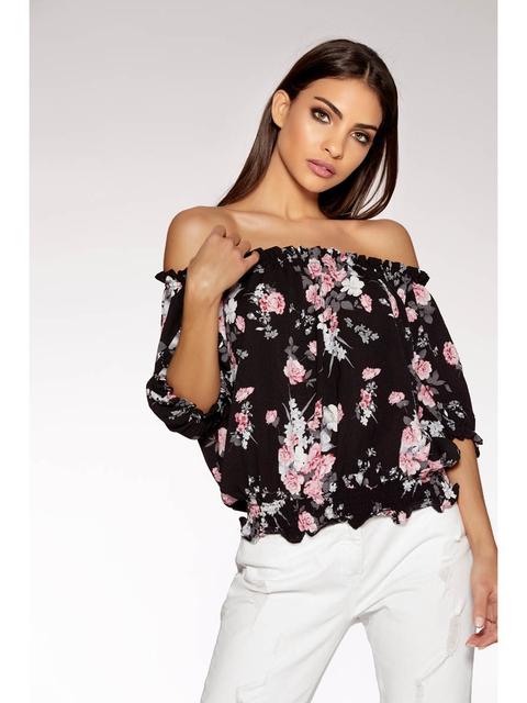 Black And Pink Floral Bardot Frill Top from Quiz on 21 Buttons