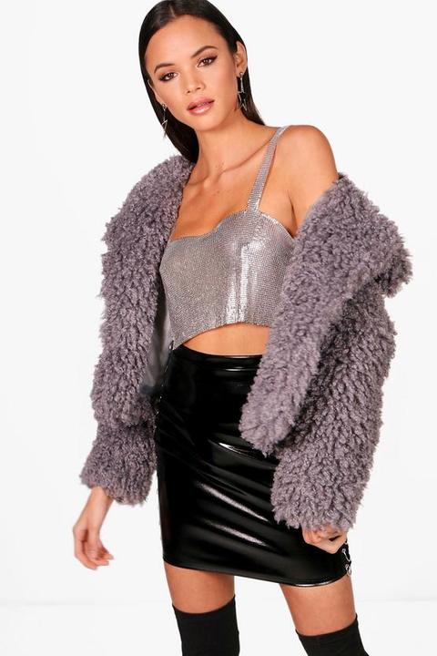 Crop Wrap Collar Faux Fur Coat