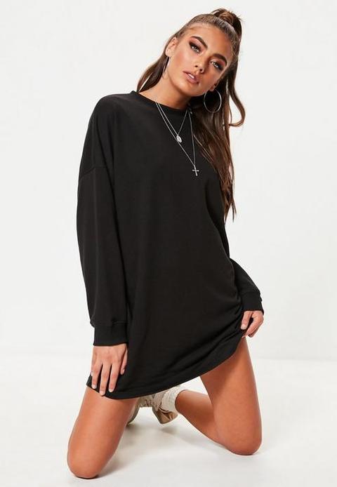 Black Oversized Basic Loopback Sweater Dress, Black