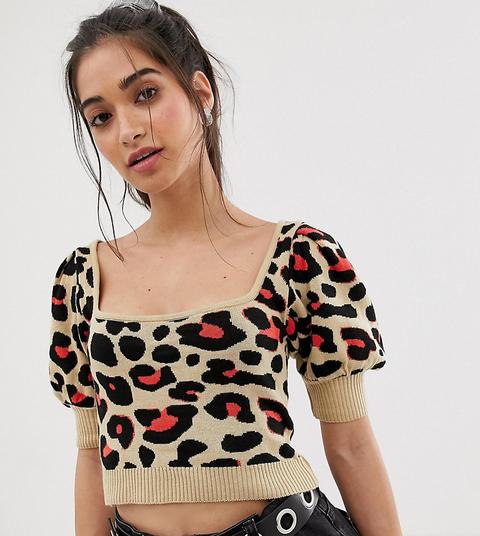 Top De Punto Con Manga Abullonada Y Diseño De Leopardo De Asos Design Petite-multicolor