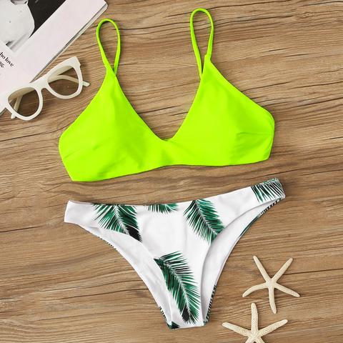 Set De Bikini Top De Cuello Profundo Neón Con Estampado De Hoja Al Azar