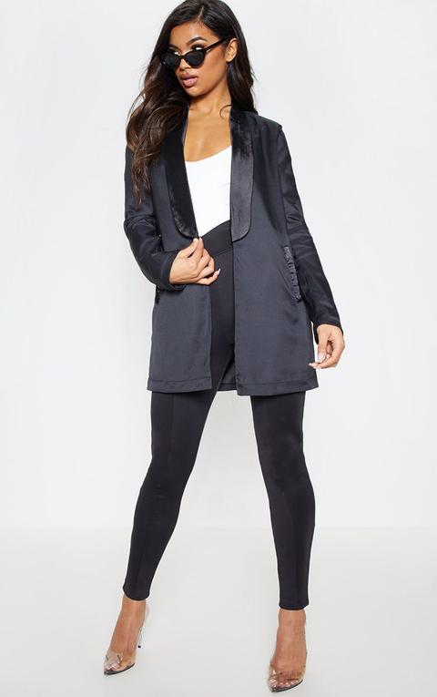 Black Satin Lapel Longline Woven Blazer, Black