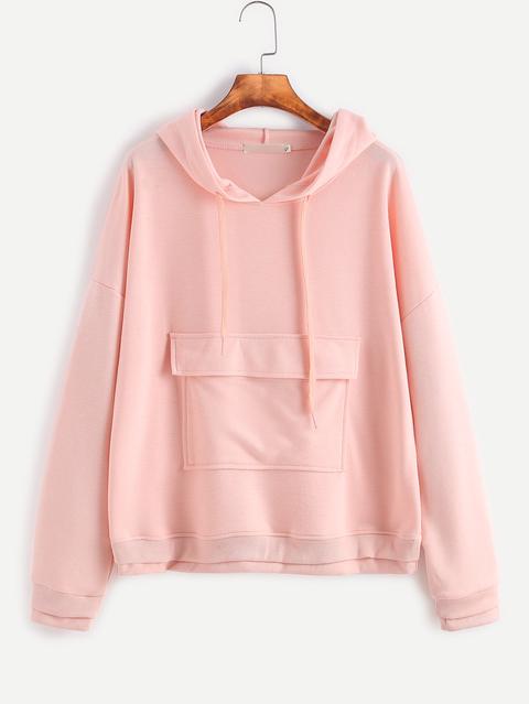 Pink Drop Shoulder Drawstring Hooded Pocket Sweatshirt