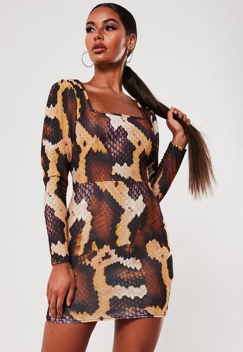 Brown Snake Print Puff Sleeve Square Neck Mini Dress, Brown