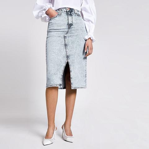 Light Blue A Line Denim Midi Skirt