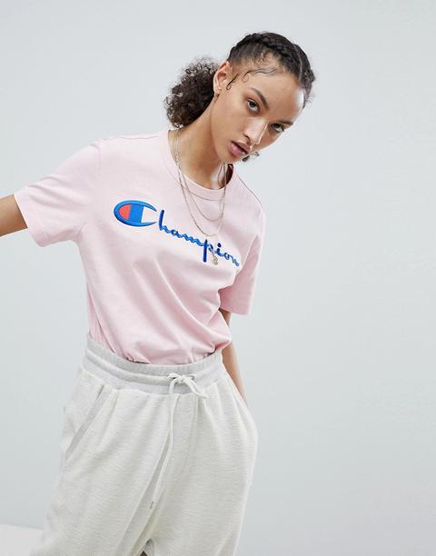 Champion - T-shirt Girocollo Con Logo Calligrafico - Rosa