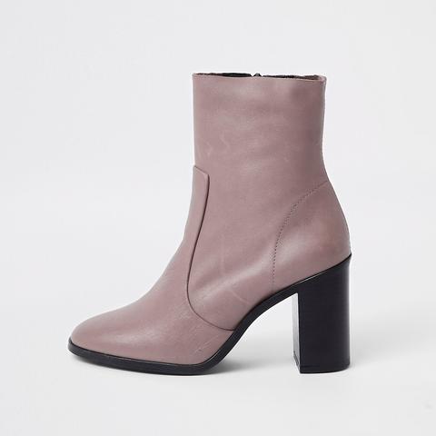 Beige Leather Sock Heel Ankle Boots