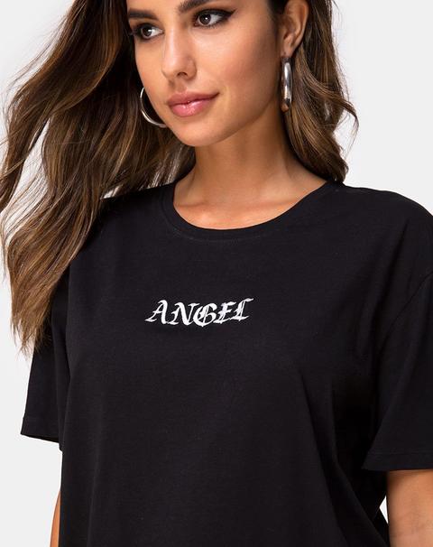 Oversize Basic Tee In Black With Angel Embro