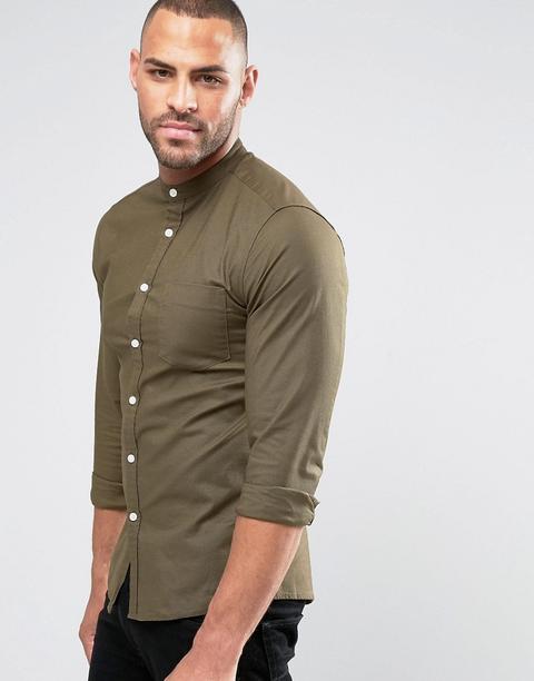 Asos - Camicia Oxford Skinny Casual Con Collo Serafino Verde - Verde