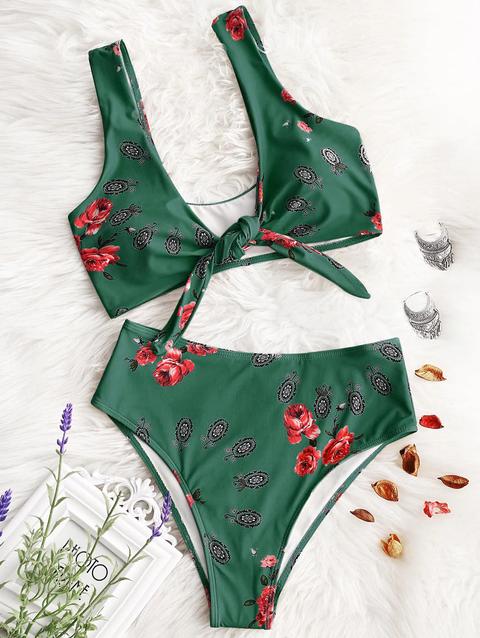 Bikini Con Taglio Alto Annodato Stampato White Black Mustard Green