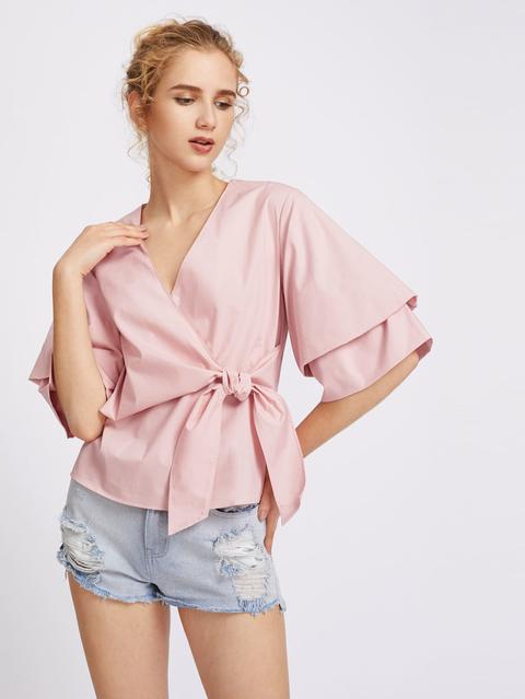 Layered Sleeve Bow Front Surplice Wrap Top