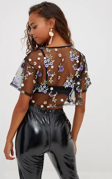 Petite Black Sheer Embroidered Crop Top