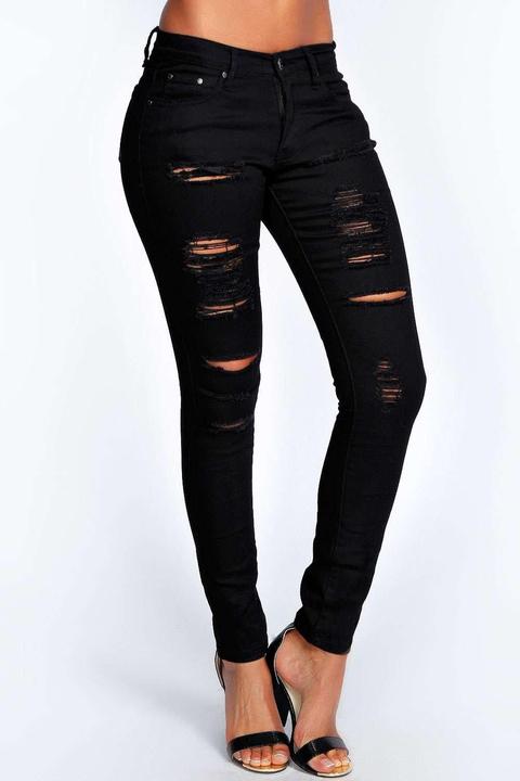 Jeans Skinny A Vita Alta Pesantemente Strappati