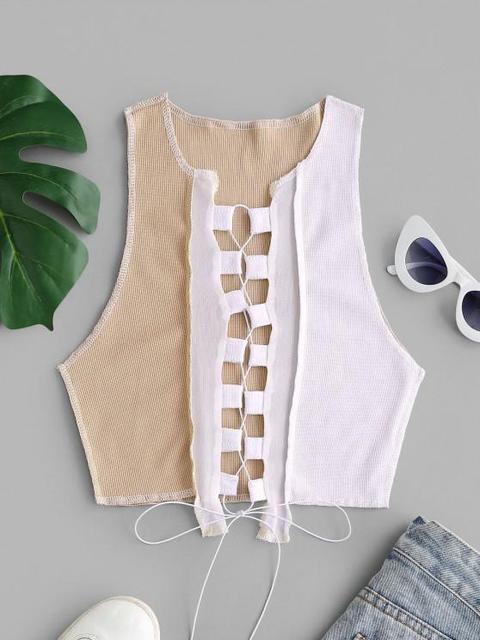 Mesh Panel Reverse Stitching Lace Up Two Tone Tank Top Black Gray Green Light Coffee