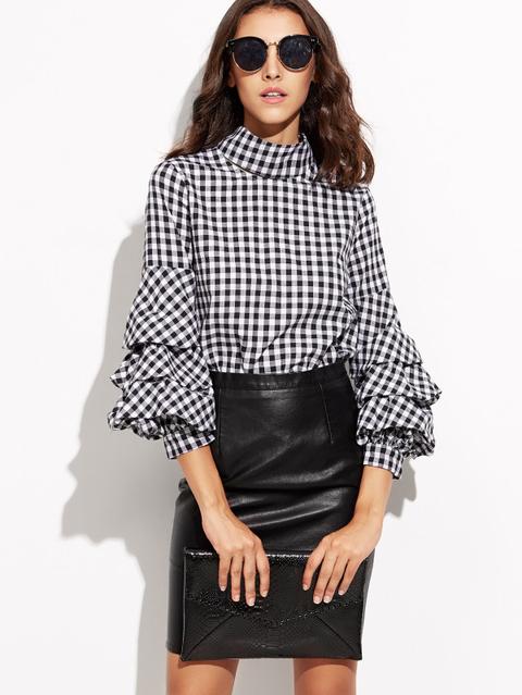 Top A Cuadros Con Cuello Alto - Negro