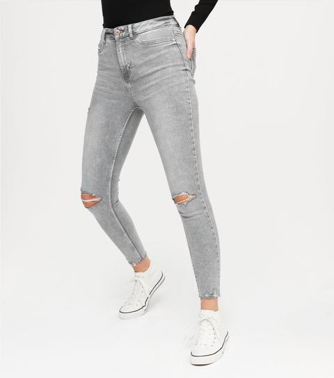 Grey High Waist Ripped Hallie Super Skinny Jeans New Look