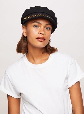 Womens Chain Trim Baker Boy, Black