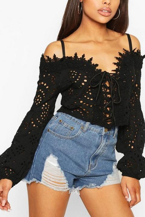 Womens Broderie Anglaise Crop Top - Black - 8, Black