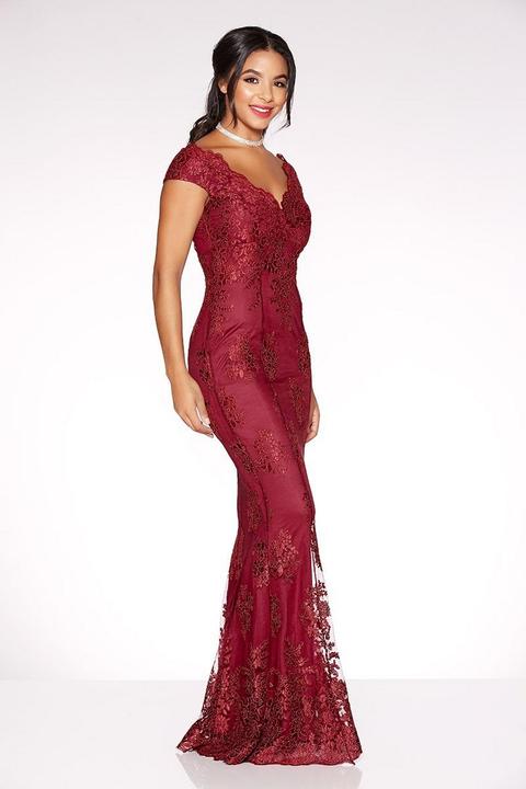 Burgundy bardot lace fishtail hotsell maxi dress