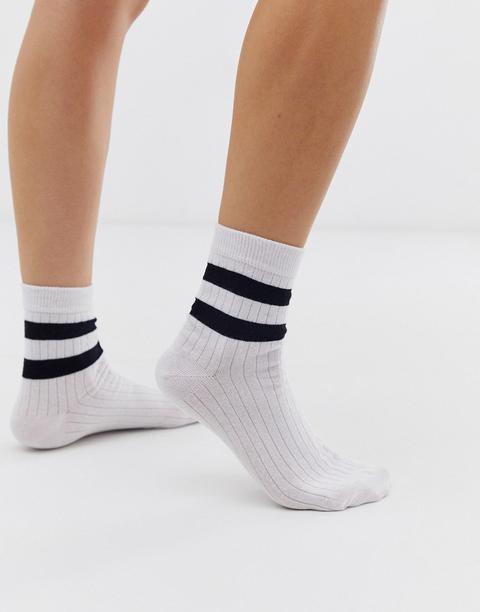 Asos Design Stripe Ribbed Ankle Socks-white