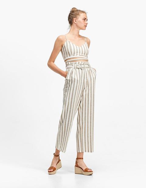 Pantaloni Cropped In Lino Beige