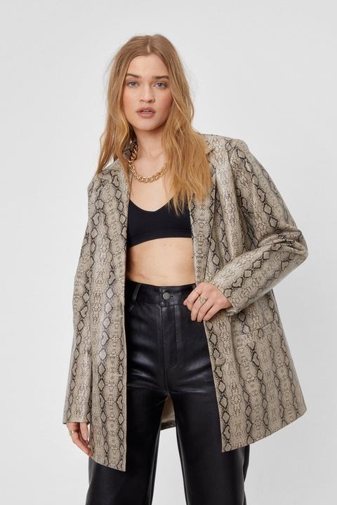 Blazer Oversize En Similicuir À Imprimé Serpent - Gris - 38, Gris