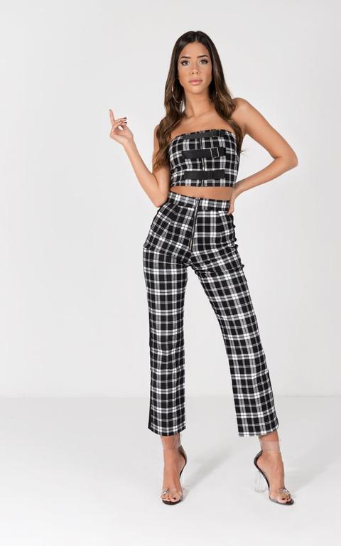 High Waist Front Zip Checked Slim Pant