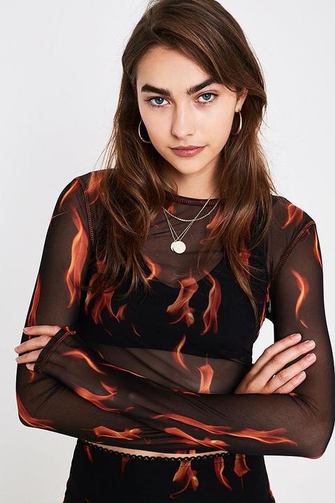 Uo Flame Print Mesh Crew Neck Top