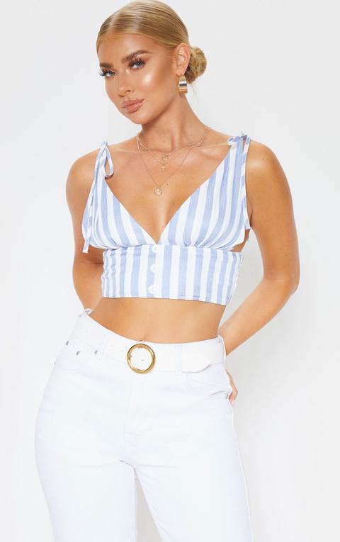 Blue Stripe Tie Button Cami Crop Top